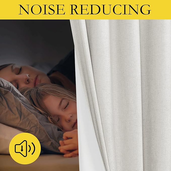 NICETOWN 100% Absolutely Blackout Linen Curtains with Thermal Insulated White Liner, Ivory, W62, 2 Pieces, Noise Reducing Textured Linen Look Curtains for Windows 95 inch Length for Classroom