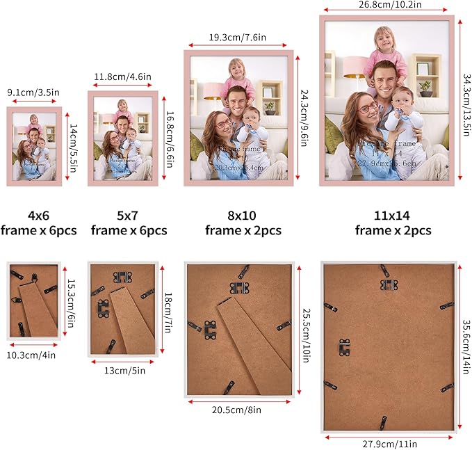Giftgarden 16 Pack Picture Frames for Multi Sizes Photos, Assorted Frame Set Including 2pcs 11x14, 2pcs 8x10, 6pcs 5x7, 6pcs 4x6, Gallery Collage Frame for Wall or Tabletop Display, Pink