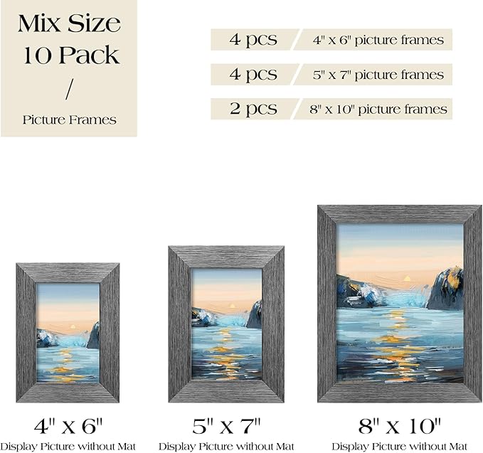 TWING Collage Picture Frames Wall Decor 10 Pack, Gallery Wall Grey Picture Frame Set for Wall or Tabletop Display, Multi Sizes with Two 8x10, Four 5x7, and Four 4x6 Photo Frames