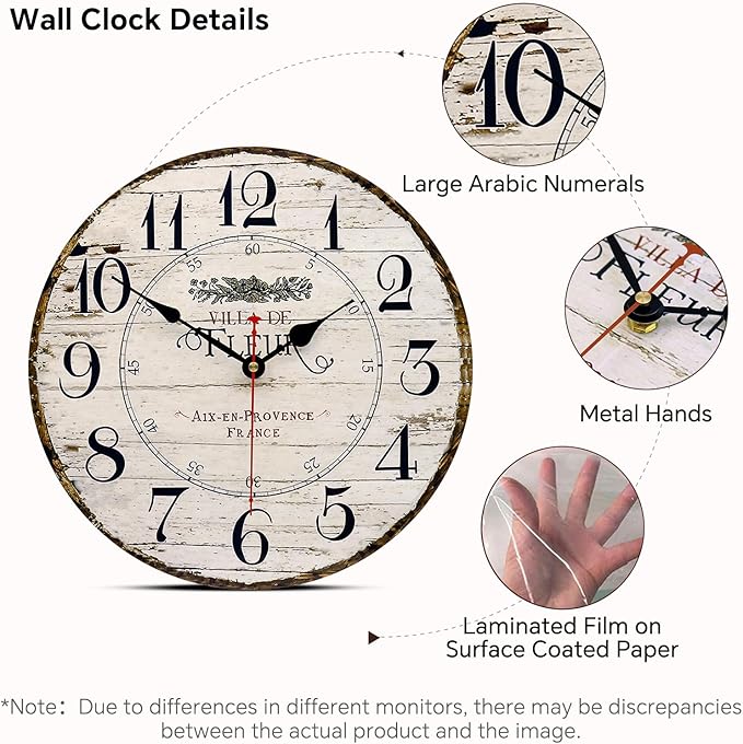 14 Inch Retro Vintage French Country Style Round Wooden Wall Clock Silent Battery Operated Non-Ticking Decorative Clock for Kitchen Farmhouse Bedroom Home Wall