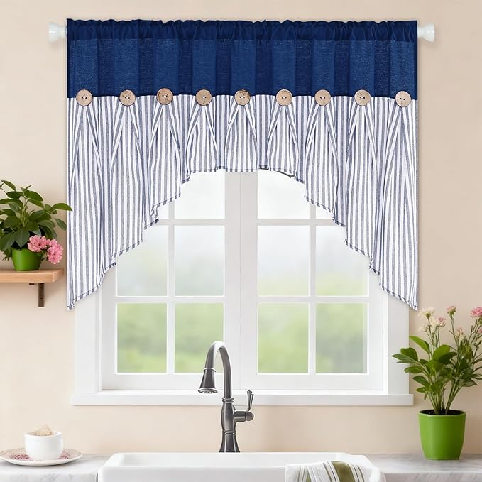 ASPMIZ Farmhouse Cotton Linen Swag Valances for Windows, Boho Rustic Kitchen Curtains Valances with Buttons, Blue Striped Window Treatments Curtain Valance for Bathroom Cafe, 61 x 36 Inch, 1 Panel