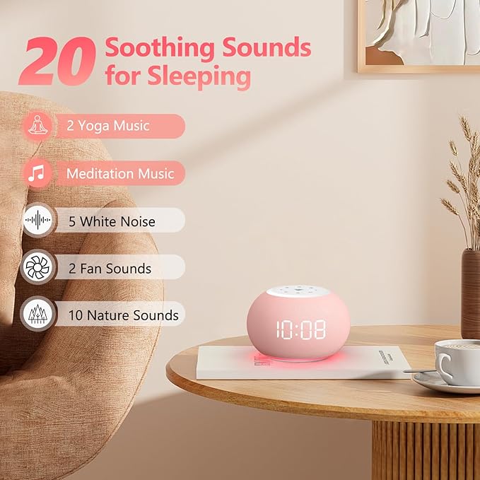 REACHER Auto Dimmable Sound Machine Alarm Clock with Night Light for Girls | 20 soothing sounds, sleep timer, precise volume, soft night lights, auto-dimming display, cute white noise soother for kids - Image 4