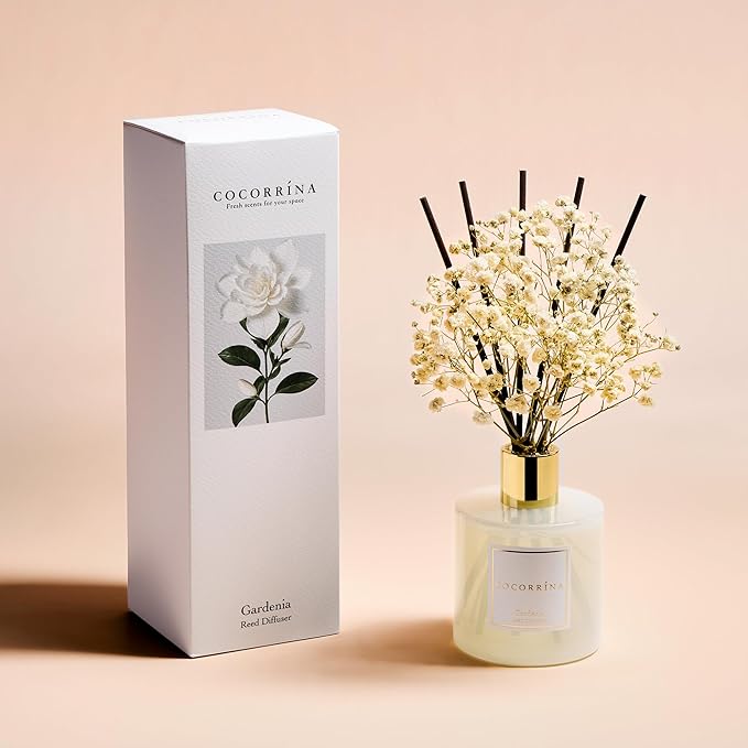 COCORR??NA Reed Diffuser - Gardenia 6.7 Fl.oz Reed Diffuser Set with Sticks & Preserved Baby's Breath, Reed Diffuser for Home Bathroom Shelf Decor