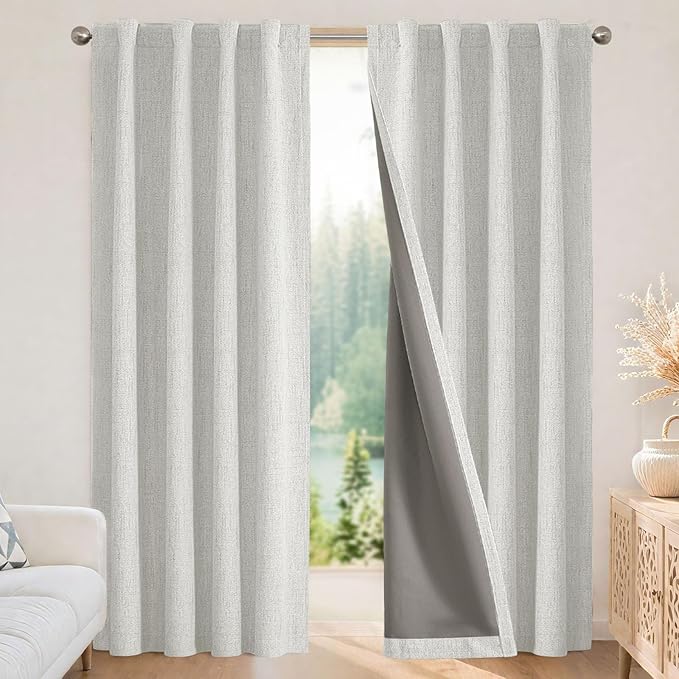 Joydeco Linen Blackout Curtains for Bedroom - 100% Light Blocking 1 Panels, White Drapes 70" W x 96" L, Thermal Insulated Room Darkening Curtains for Living Room, Rod Pocket & Back Tabs