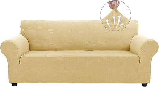Asnomy Couch Covers for 3 Cushion Couch Stretch Sofa Covers Slipcovers, Pet Protector Furniture Covers for Dogs Cats Spandex Jacquard Fabric Small Checks（X-Large，Champagne）
