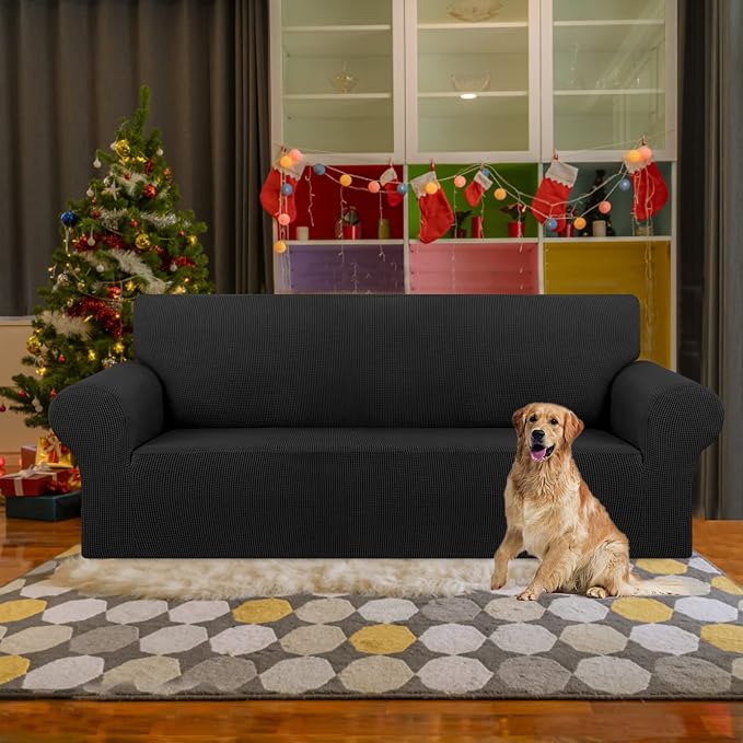 KEKUOU Stretch Sofa Cover Slipcover ???Couch Covers for 3 Cushion Couch Sofa pet Friendly (78"-94") Furniture Protector Sofa with Elastic Bottom for Kids,Dog, Jacquard Small Checked(Large,Black)