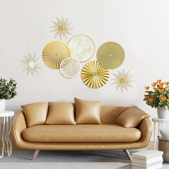 Lingvee 8 Pcs Gold Wall Decor Modern Metal Decor Metal Starbursts Radial Plate Art Hanging Decorative Wall Decorations for Home Bedroom Bathroom Living Room Office Sculpture (Gold, White)