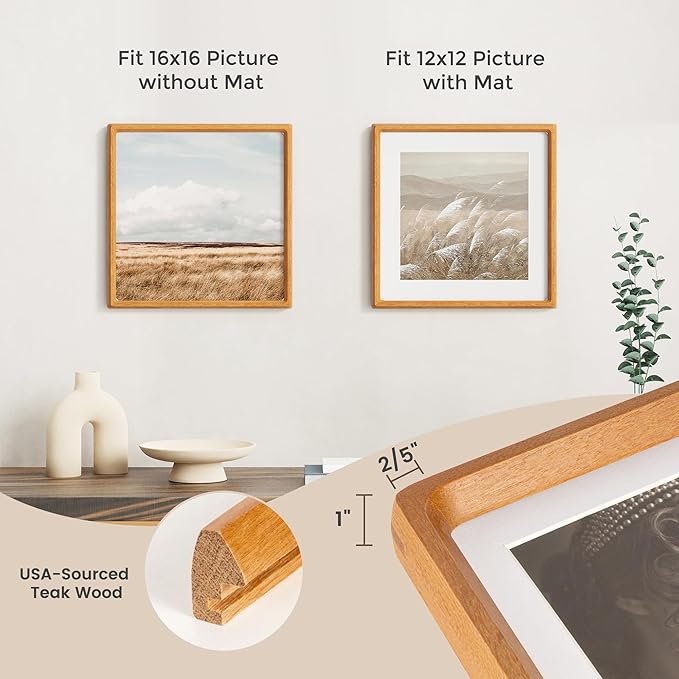 16x16 Picture Frame, USA-Sourced Teak Wood Photo Frames with HD Tempered Glass, Handcrafted Rounded Corner 16 x 16 Wooden Frames Matted to 12x12 Photos, 16x16 Frame, Tabletop or Wall Display
