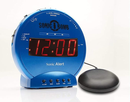 Sonic Alert Sonic Bomb Dual Alarm Clock with Bed Shaker, Blue Vibrating Alarm Clock Heavy Sleepers, Battery Backup | Wake with a Shake by SonicAlert