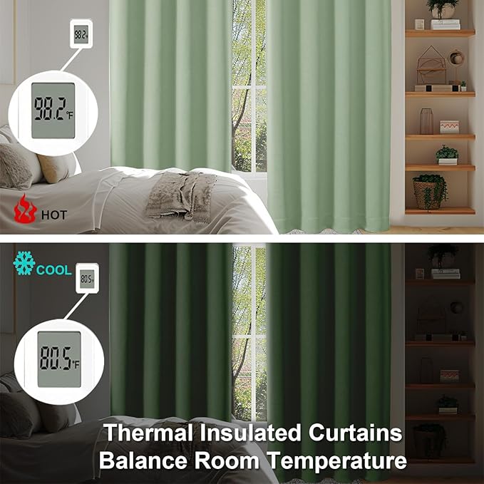 Simplebrand Ava Light Green Blackout Curtains for Bedroom 96 Inches Long 2 Panels, Solid Thermal Insulated, Energy Saving Nursery Window Treatment Curtains Blackout Drapes, W40 x L96 Inch, Light Green