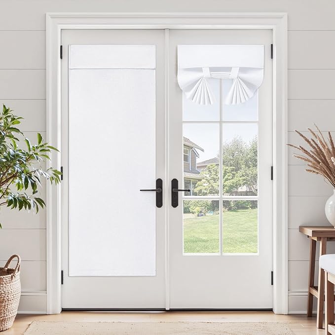 HOMEIDEAS 100% Linen Blackout French Door Curtains, Privacy Door Window Curtains, 26 X 40 Inch Room Darkening Blinds, Thermal Insulated Shades for Bedroom, 1 Panel, White