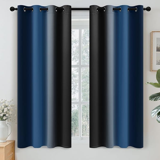 Yakamok Blackout Ombre Dark Blue and Black Curtains for Bedroom, Gradient Room Darkening Curtains, Grommet Thermal Insulated Light Blocking Window Drapes/Curtain for Living Room,52 x 54 Inch,2 Panels
