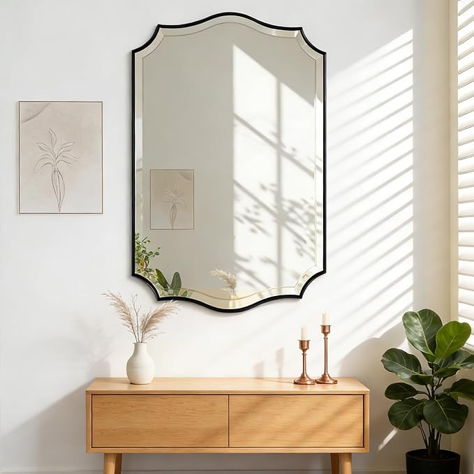 POZINO Rectangle Beveled Mirrors, 24"x40" Modern Vanity Mirror for Over Sink, Matte Black Scalloped Mirrors for Wall, Irregular Wavy Shaped Mirror for Bathroom Living Room Bedroom Fireplace Entryway