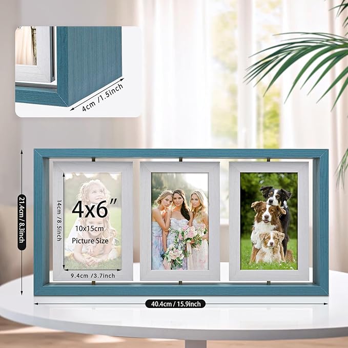 ZEEYUAN 4x6 Picture Frame Wooden Double Side Rotating 4x6 Photo Frame Rustic Collage Frame for 4X6in Pictures, Multiple Family Picture Frame for Desktop