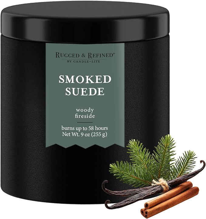 Candle-lite Rugged & Refined Scented Candle for Men, Smoked Suede, 9 oz Tin, Poured in The USA, Masculine Fragrance, 1-Wick, 58 Hours of Burn Time, Ideal Gift for Man in Your Life & Father's Day