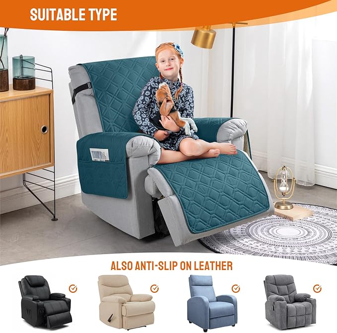 VANSOFY 100% Waterproof Recliner Chair Covers, Recliner Cover Non-Slip Dog Chair Cover Furniture Protector Washable Slipcover with Pocket, Elastic Straps for Pets, Dogs(Peacock Blue, 20")