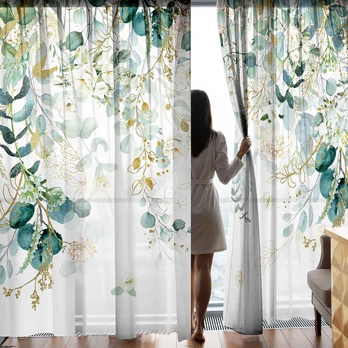 Gold Green Botanical Curtains 96 Inches Long for Living Room Eucalyptus Leaves Light Filtering Curtains Sage Green White Floral Drapes for Bedroom Farmhouse Leaf Flower Printed Door Curtain