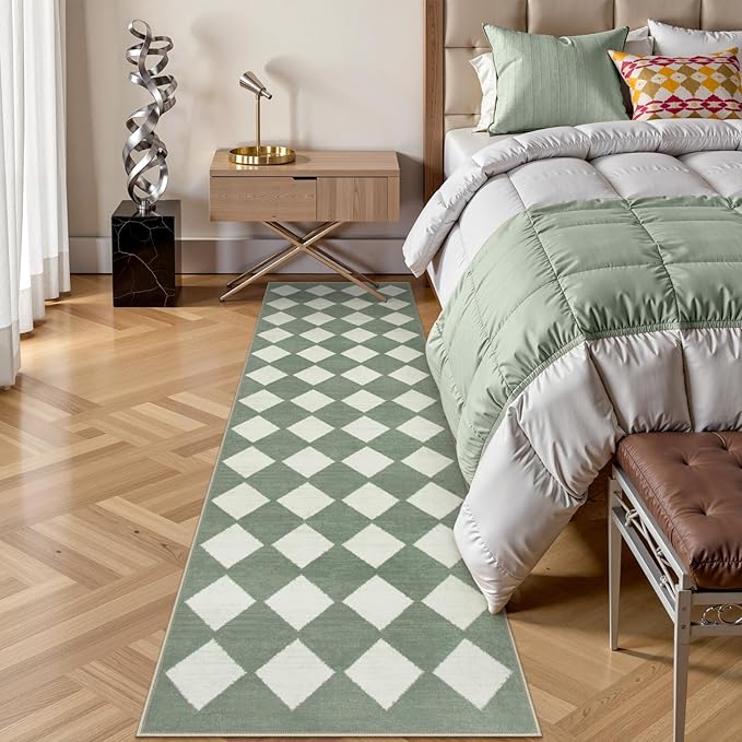 Lahome Zelie Checkered Washable 2x8 Green Runners for Hallways Non Slip, Ultra-Thin Kitchen Bathroom Runner Rugs, Moroccan Trellis Throw Carpet Runner for Bedroom Entryway Decor (2'x8',Green)