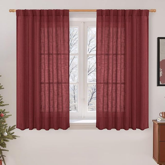 LAMIT Semi Sheer Linen Curtains 45 Inches Long, Light Filtering Panels Back Tab and Rod Pocket Christmas Decor Drapes for Farmhouse/Window/Bedroom, Burgundy Red, 2 Panels, 52 x 45 Inch
