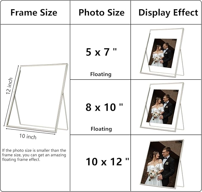 Silver 10x12" Floating Frame 2 Pack for Photo sizes(7x9'',8x10'',8.5x11''),Adjustable Tabletop/Shelf Floating Picture Frame 8x10'',Classy Gift Choice for Wedding,Thanksgiving,Christmas,Home or Office Decor