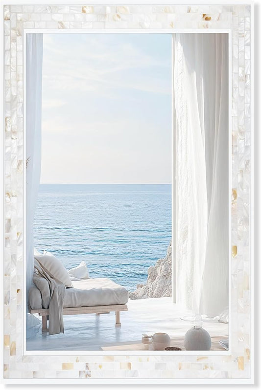Tanmicoshomy White 24 x 36 Inch Rectangle Bathroom Mirrors for Wall, Natural Shell Inlay Mosaic Mirrors with Tempered Glass for Bedroom, Living Room or Entryway, Horizontal or Vertical Hanging