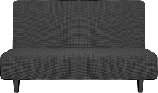 Easy-Going Stretch Futon Slipcover Armless Futon Bed Cover Furniture Protector Without Armrests with Elastic Bottom for Kids, Soft Jacquard Fabric Small Checks (Medium, Dark Gray)