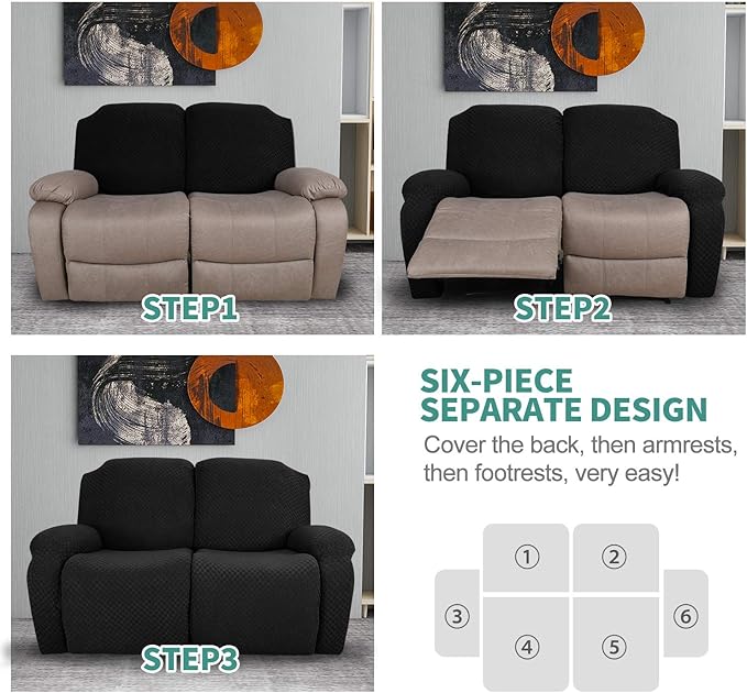 YEMYHOM 6 Pieces Stretch Loveseat Recliner Slipcover Jacquard Recliner Sofa Cover with Side Pocket Fitted Recliner Cover Couch Furniture Protector with Elastic Bottom (Loveseat Recliner, Black)