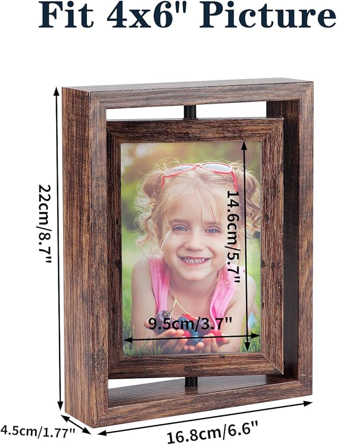 EXYGLO 2 Pack 4X6 Picture Frames Rotating Floating Photo Frame Wooden 2 Sided Frames for Vertical or Horizontal Tabletop Display