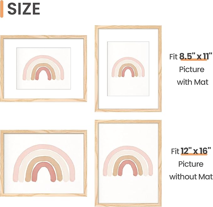 upsimples 12x16 Picture Frame, Display Pictures 8.5x11 with Mat or 12 x 16 Without, Wall Hanging Poster Frames, Natural, 1 Pack