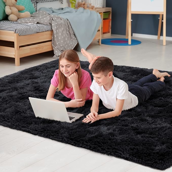 Noahas Fluffy Bedroom Rug,3x5 Feet Plush Fuzzy Black Area Rugs for Living Room, Non Slip Thick Soft Shaggy Nursery Furry Floor Dorm Kids Carpet