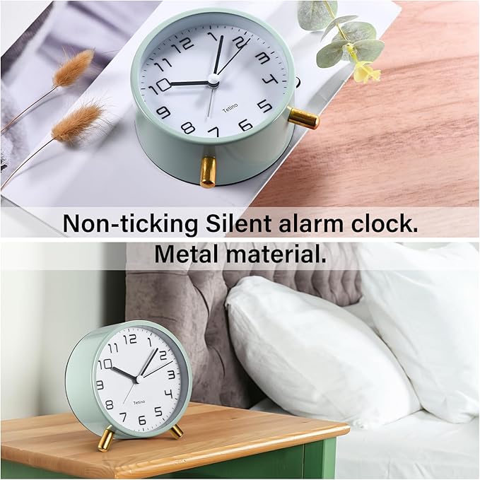 Analog Alarm Clocks,Retro Metal Desk Silent Non Ticking Small Clock with Night Light,Battery Operated,Simple Design,for Bedrooms, Bedside,Office,Home Décor (White)