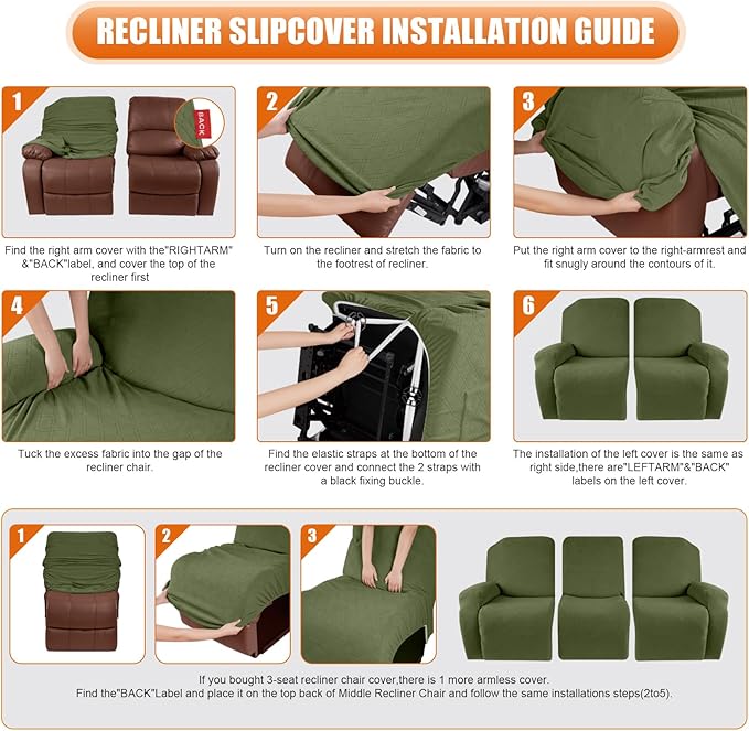 VANSOFY Recliner Sofa Covers, 3-Pieces Stretch Reclining Couch Covers with Pockets Reclining Couch Slipcovers 3 Seater Soft Washable Furniture Protector for Dogs Cats(Army Green)