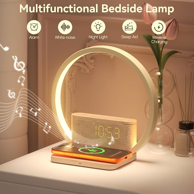 Vivilumens Sunrise Alarm Clock Wireless Charger, 10 White Noise Sound Machine Alarm Clock with 30/60/90 Mins Timer, 3 Levels Touch Night Light Dual Clocks for Heavy Sleeper Bedroom Decor Gift for Her - Image 8
