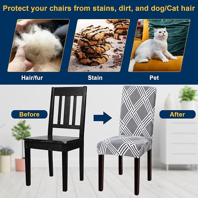 Chair Covers for Dining Room Set of 4, Dining Chair Covers, Kitchen Chair Covers, Stretch Removable Washable Dining Chair Slipcovers for Home, Hotel, Banquet, Grey Rhombus
