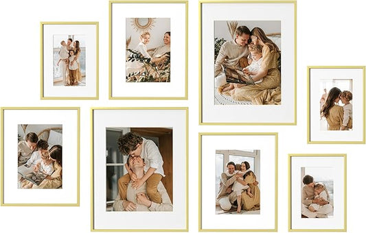 eletecpro Aluminum Gallery Wall Frame Set of 8, Including 2Pcs 11x14, 3Pcs 8x10, 3Pcs 6x8 Photo Frames for Wall or Tabletop Display, Multiple Sizes Picture Frames Collage Wall Decor, Gold