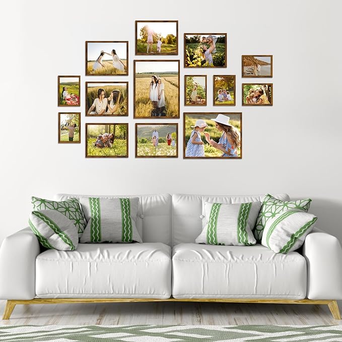 Giftgarden 16 Pack Brown Picture Frames for Multi Sizes Photos, Assorted Set Including Two 11x14, Two 8x10, Six 5x7, Six 4x6, Gallery Collage Frame for Wall or Tabletop Display