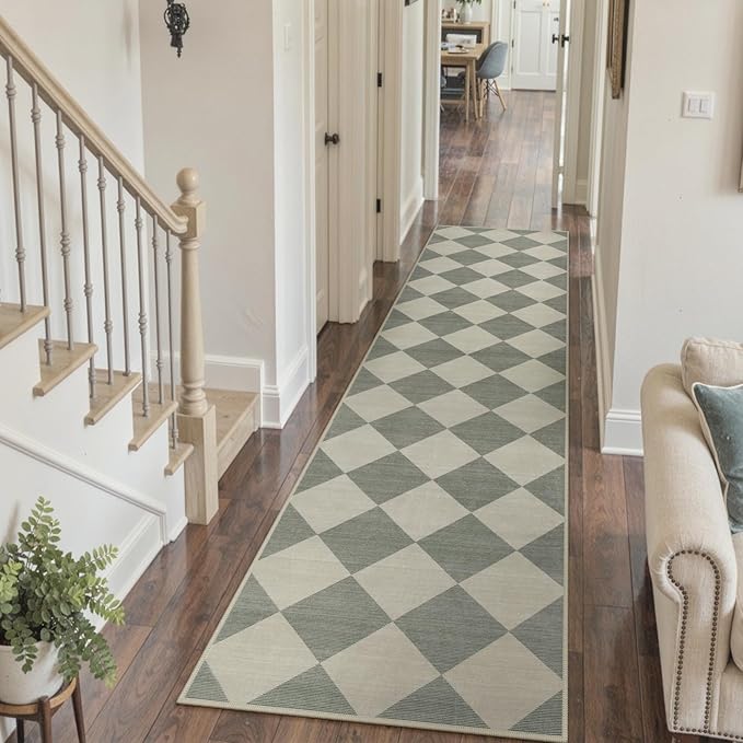 Beeiva Checkered Print Runners for Hallways Non Slip 2.5x12, Green Ultra Thin Washable Runner Rug Neutral Long Rugs for Hallway, Moroccan Plaid Floor Carpet for Kitchen, Modern Gingham Home Decor