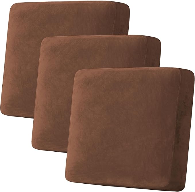 H.VERSAILTEX Velvet Stretch Couch Cushion Cover Plush Cushion Slipcover for Chair Loveseat Sofa Cushion Furniture Protector Seat Cushion Sofa Cover (3 Piece XL Sofa Cushion Covers, Caramel Cafe)