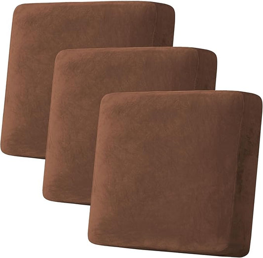 H.VERSAILTEX Velvet Stretch Couch Cushion Cover Plush Cushion Slipcover for Chair Loveseat Sofa Cushion Furniture Protector Seat Cushion Sofa Cover (3 Piece XL Sofa Cushion Covers, Caramel Cafe)