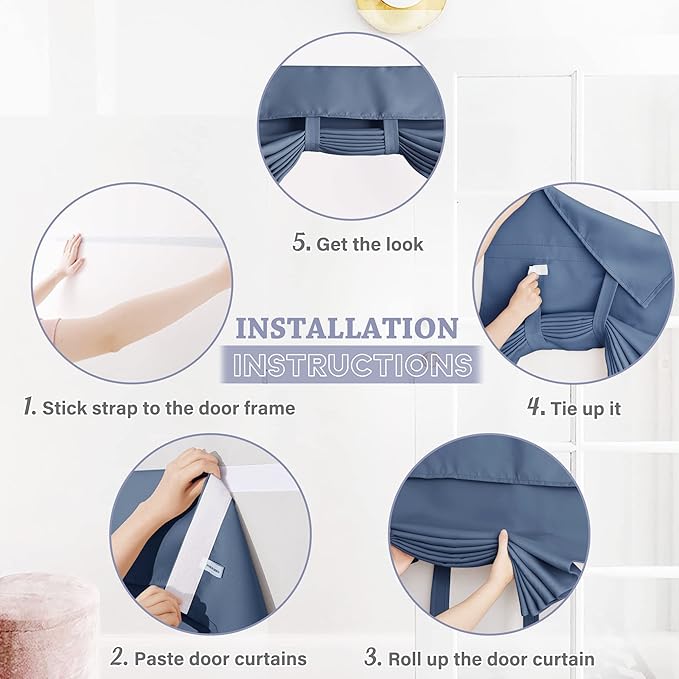 RYB HOME Blackout French Door Curtain - Privacy Thermal Insulated Window Shades for Patio Kitchen Front Entry Back Door Glass Window, Self Adhesive No Drill, 1 Panel, 26" W x 40" L, Stone Blue