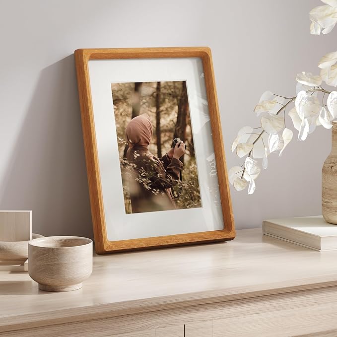 Fun Memories 8x10 Picture Frame, USA-Sourced Teak Wood Photo Frames with HD Tempered Glass, Handcrafted Rounded Corner 8 x 10 Wooden Frames Matted to 5x7 Photos, 8x10 Frame, Tabletop or Wall Display