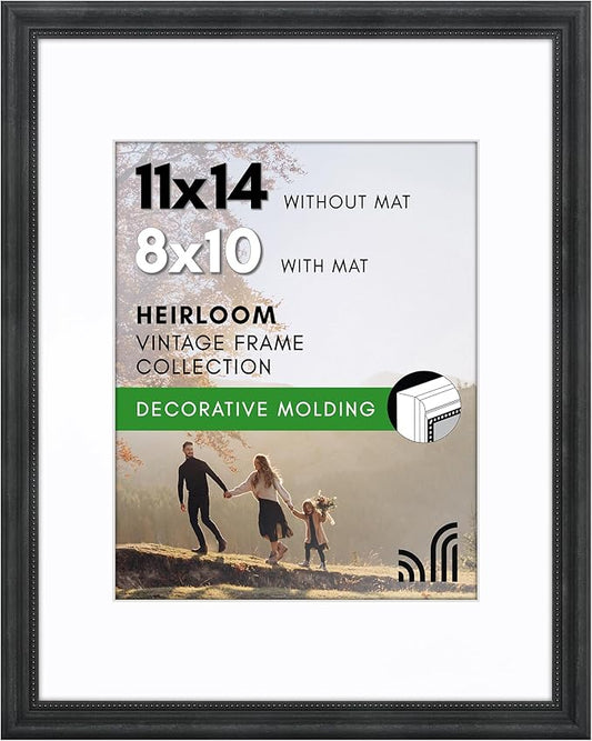 Americanflat Vintage Frames - 11x14 Picture Frame with Beaded Accents and Shatter-Resistant Glass - Use as 8x10 Frame or Display 11x14 Photos Without Mat - Heirloom Collection - Wall Display - Black