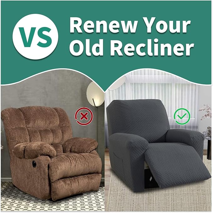 YEMYHOM 4 Pieces Stretch Recliner Slipcover Latest Jacquard Recliner Chair Cover with Side Pocket Anti-Slip Fitted Recliner Cover Couch Furniture Protector with Elastic Bottom (Recliner, Dark Gray)