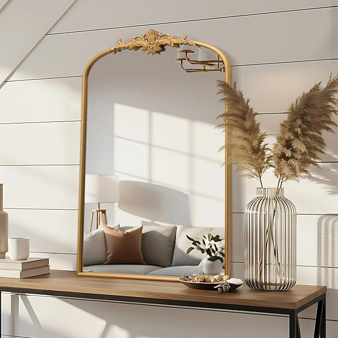 Besdomus Antique Arched Wall Mirror: 24"x36" French Large Arch Gleaming Gold Vintage Vanity Wall Mounted Mirror - Traditional Ornate Home Decor for Entryway/Fireplace/Bathroom - Idea for Homemakers