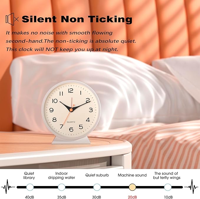 AYRELY?? 4.5" Analog Alarm Clock,Small Retro Desk Clock Battery Operated,Slient Metal Table Clock with Light for Living Room Decor,Bedroom,Bedside,Shelf (White)
