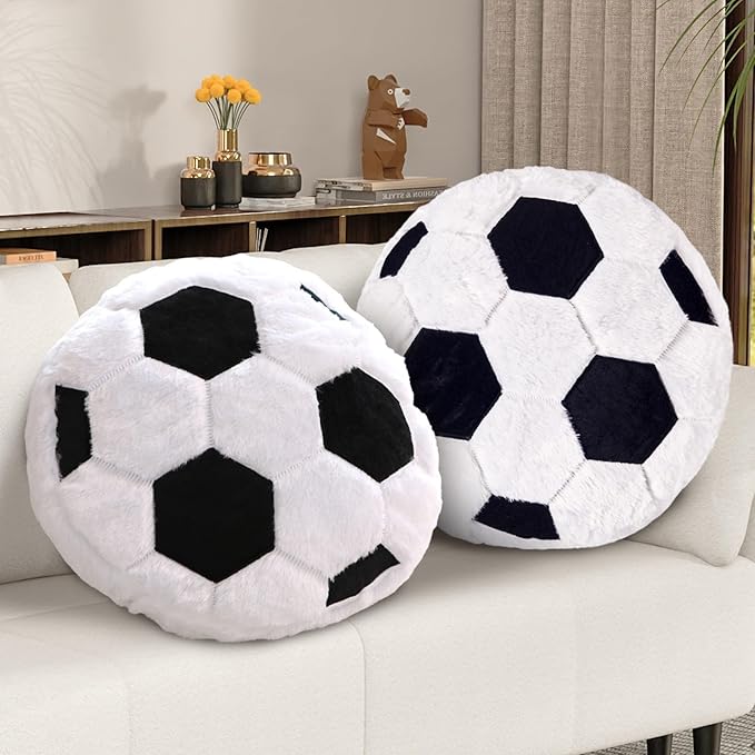 2Pcs Soccer Pillow Plush Round Throw Cushions, Realistic Soccer Ball Pillow for Couch Bedroom, Soft Fluffy Sports Decor Pillow, Ideal Soccer Decor Birthday Gift for Soccer Enthusiasts (15.8 Inch)