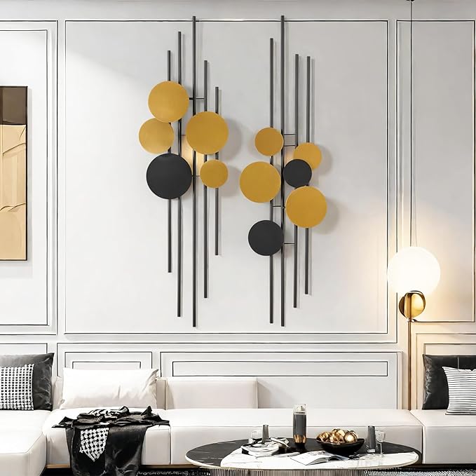 HYVAKUPPA 2 Pieces Large Metal Wall Decor 3D Modern Aesthetic Wall Sculptures 11.2''x 38.8''Luxury Geometric Circular Decor Wall Art Artwork for Bedroom Dining Living Room Wall Decorations