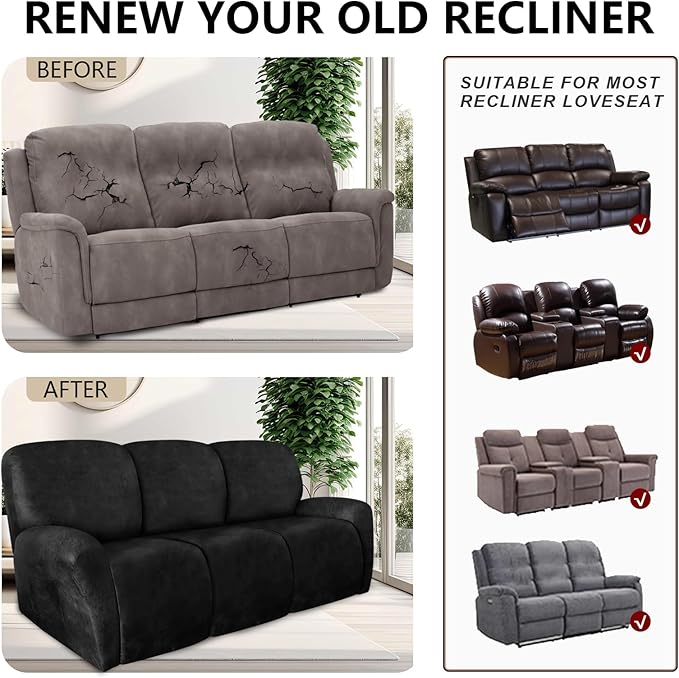 ANARACHON Recliner Couch Cover Leather Look Recliner Sofa Covers for 3 Cushion Reclining Sofa Slipcovers 8-Pieces Furniture Protector Spandex Fabric Washable (3 Seater, 02 Black)