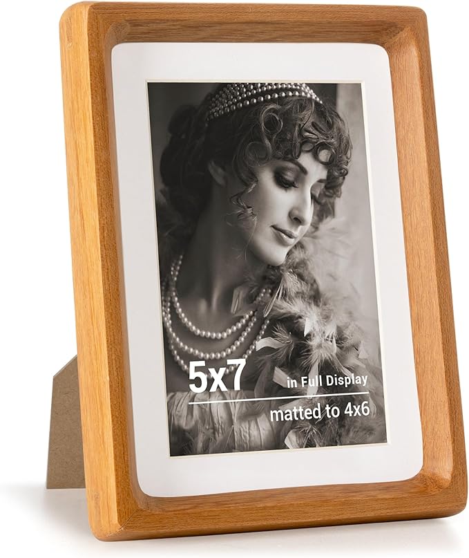 Fun Memories 5x7 Picture Frame, USA-Sourced Teak Wood Photo Frames with HD Tempered Glass, Handcrafted Rounded Corner 5 x 7 Wooden Frames Matted to 4x6 Photos, 5x7 Frame, Tabletop or Wall Display