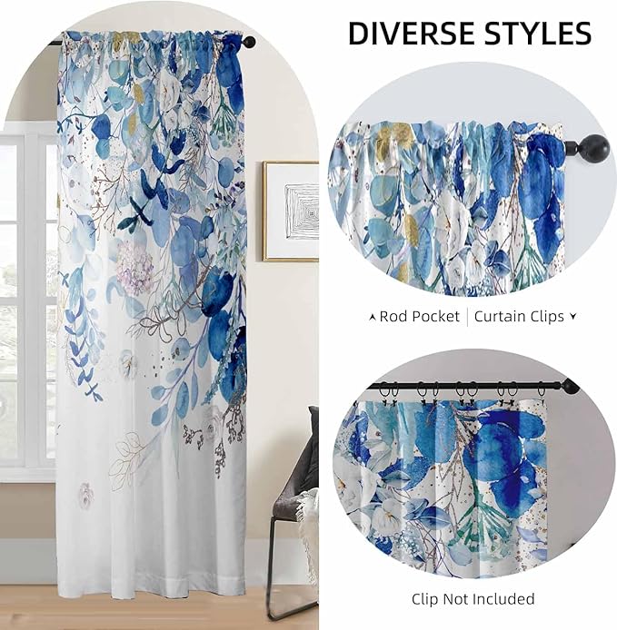 Blue Botanical Curtains 96 Inches Long for Living Room Watercolor Eucalyptus Leaves Light Filtering Curtains Spring Summer Blue and White Drapes for Bedroom Farmhouse Leaf Floral Printed Door Curtain